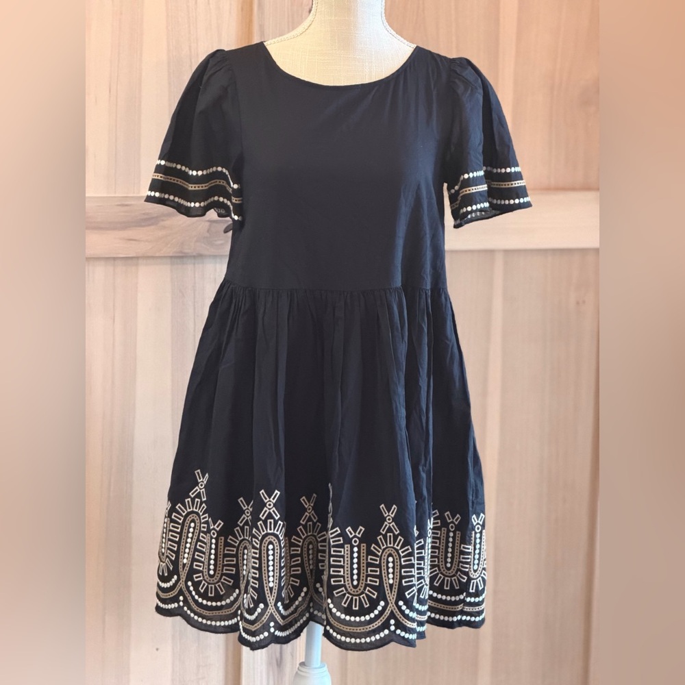 NWT Madewell Embroidered Eyelet Puff-Sleeve Mini Dress. Women’s Sz-00 XXS. Black